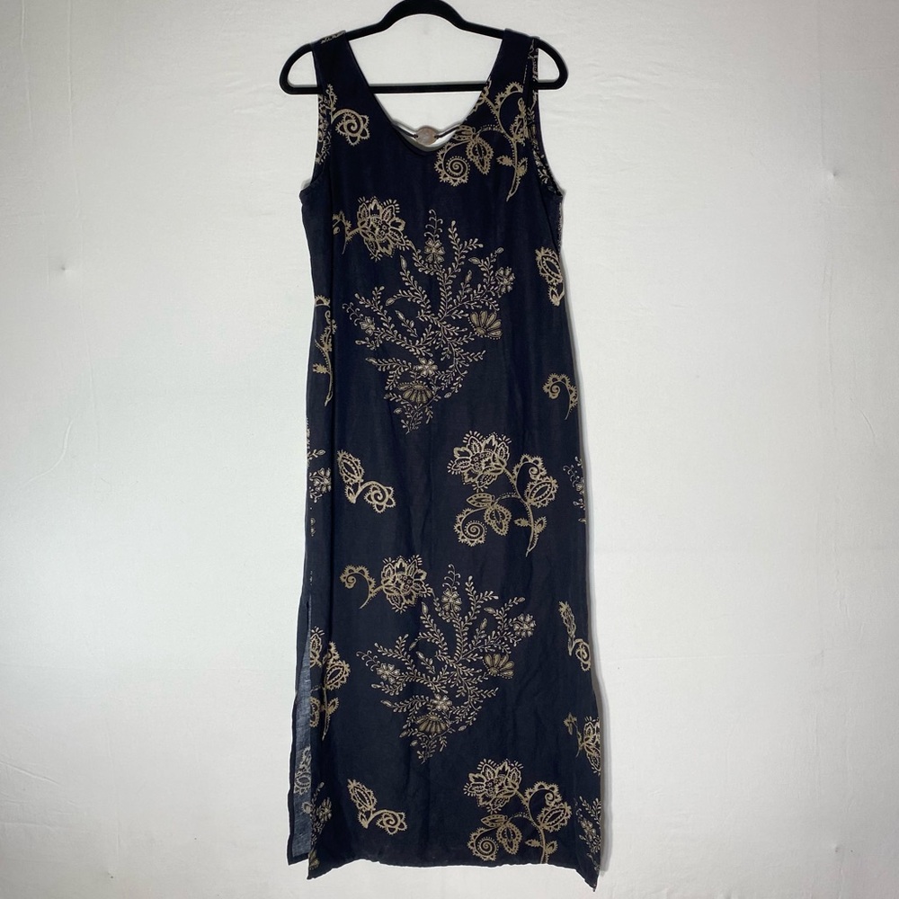 Vintage Tribal Black Beige Floral Print Sleeveless Maxi Dress 12 Boho Coastal